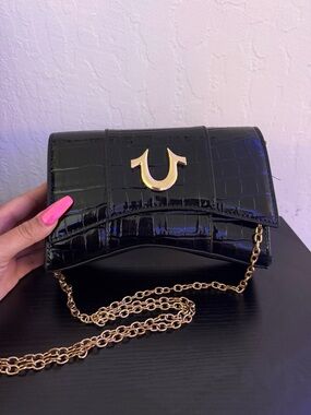True Religion Black Croc-Embossed Crossbody with Gold Chain